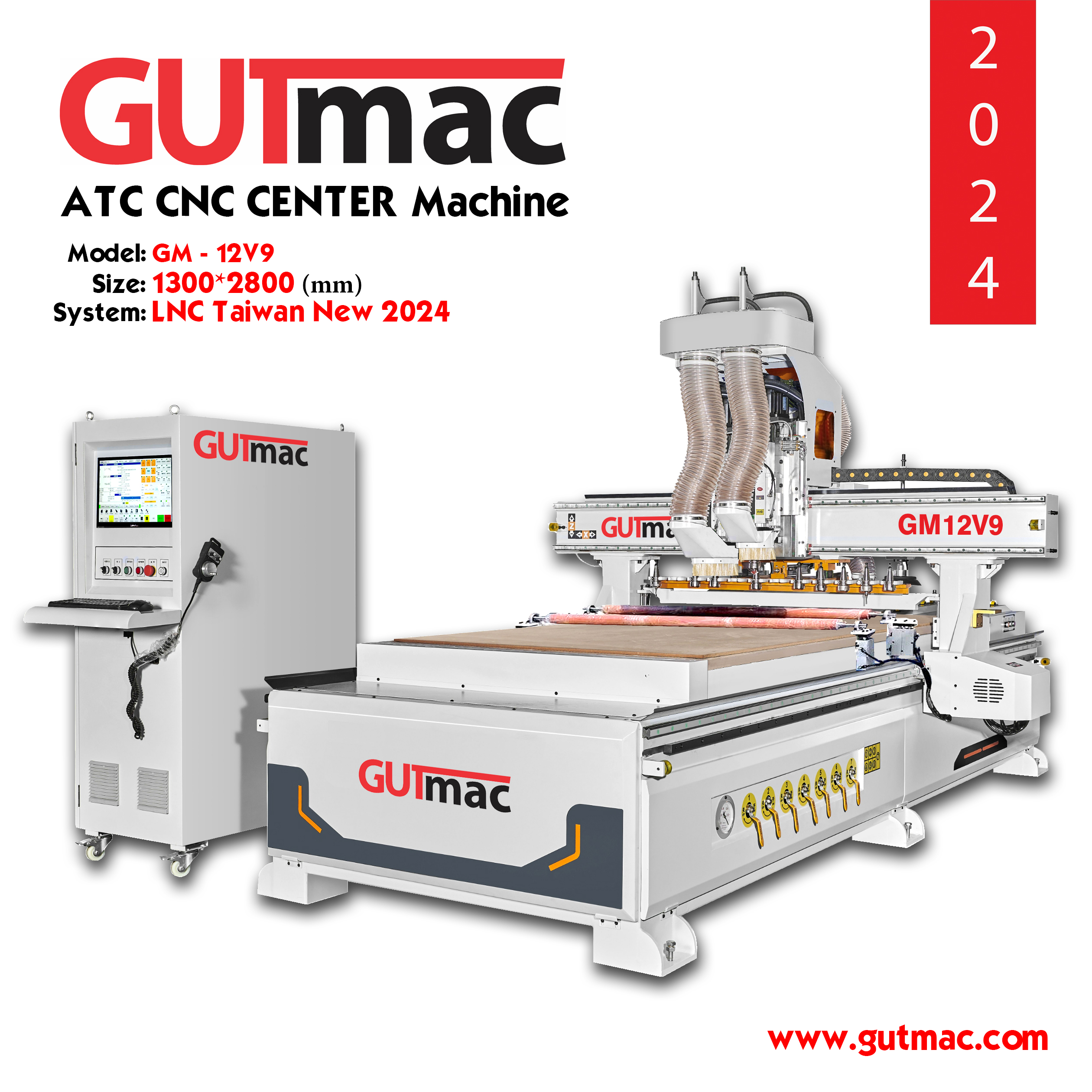 Máy ATC CNC GCTT 12 dao kết hợp tổ hợp khoan 9 mũi GM12V9 Có tích hợp gắp ván tự động và tỳ ván tự động, kích thước bàn làm việc khổ lớn 1300*2800mm