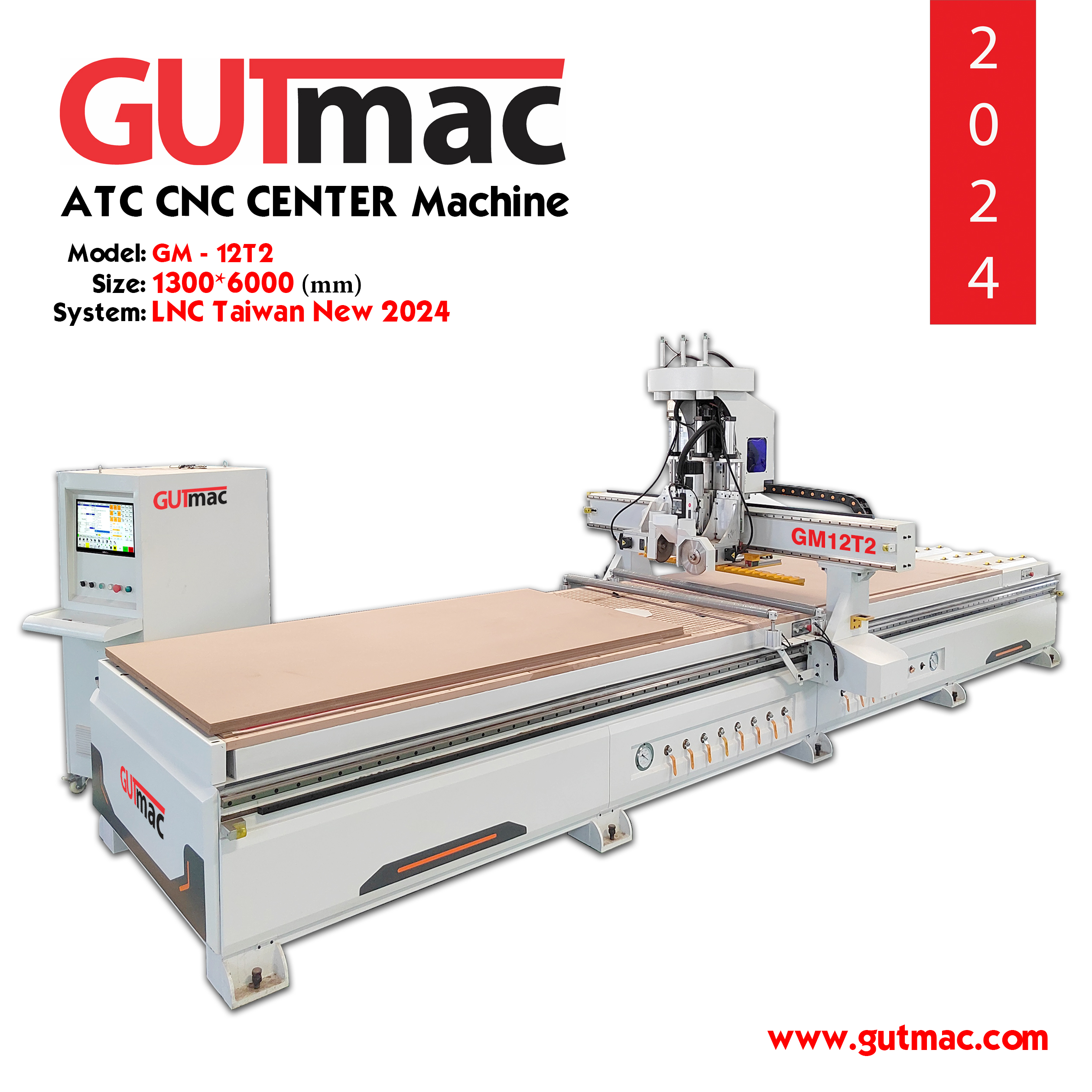 Máy CNC ATC CUTTING GCTT 12 dao kết hợp 2 lưỡi cưa đơn GM12T2 Có tích hợp gắp ván tự động, kích thước bàn làm việc tiêu chuẩn 1300*6000mm